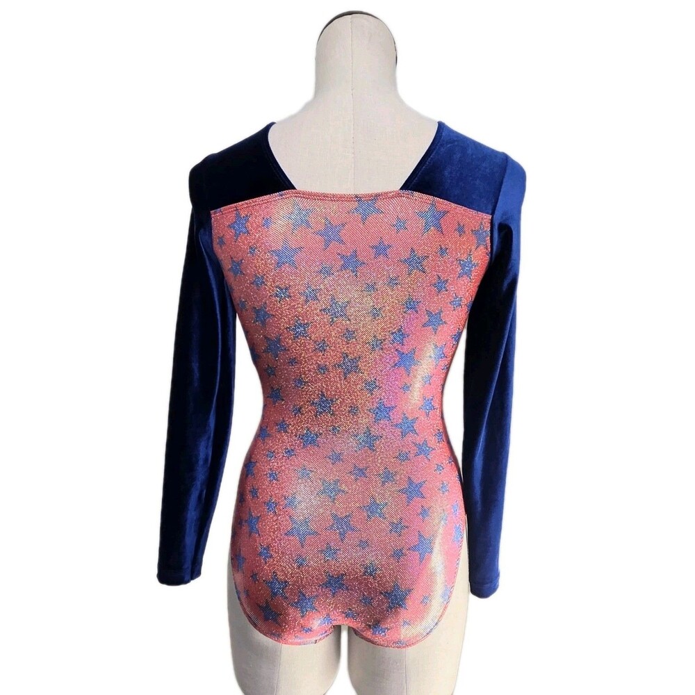 GK Elite VTG Shimmering Patriotic Holographic LS Velvet Leotard Red Blue Size AM - Picture 7 of 16